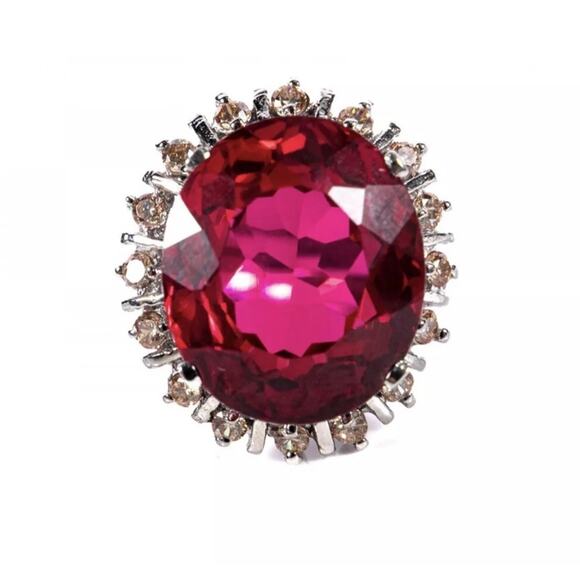 SYNTHETIC RUBY AND CZ STERLING RING SZ 6 1/2 - Picture 1 of 4